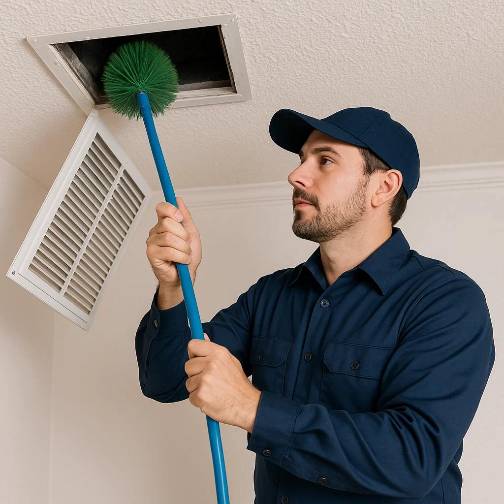 Technician cleaning HVAC ducts to improve airflow, reduce energy costs and enhance system efficiency in Quail Valley TX.